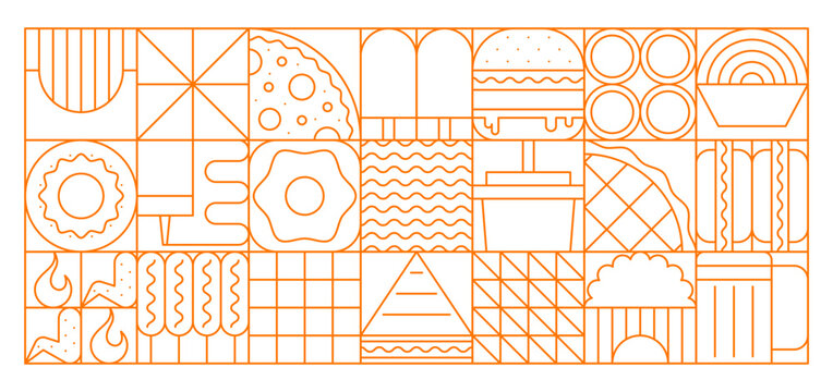 Fast food abstract geometric pattern. Vector orange grid background with linear food icons includes pizza, burger, fries, drinks, donuts, hot dogs for fastfood restaurant branding, packaging and menus