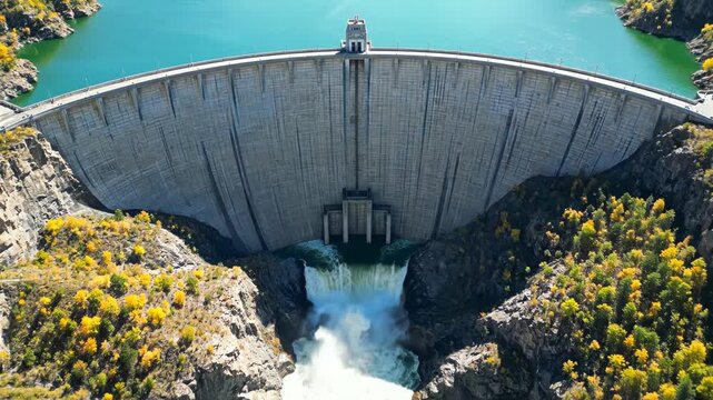 Aerial view of a massive concrete arch dam releasing water into a gorge with autumn foliage on cliffs vector illustration