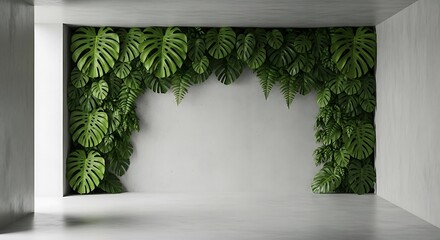 Empty square room with Plastered white walls, ivy and green leaves, sunlight