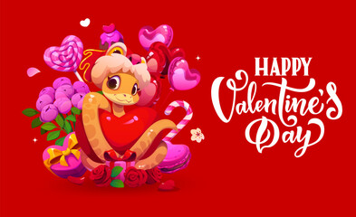 Naklejka premium Happy valentines day greetings card featuring cute cartoon snake holding a shiny red heart, surrounded by romantic elements like roses, balloons, chocolates, lollipops and gift boxes on red background