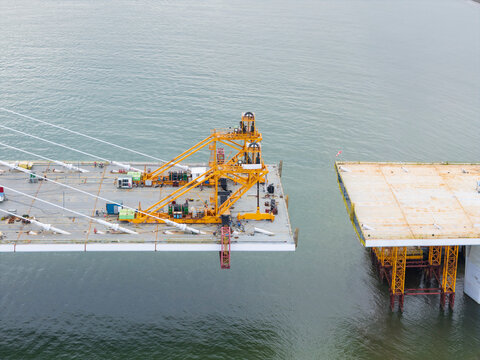 Cable Stayed Bridge Construction Site Over River Waterway