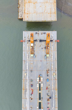 Cable Stayed Bridge River Construction Project Aerial View