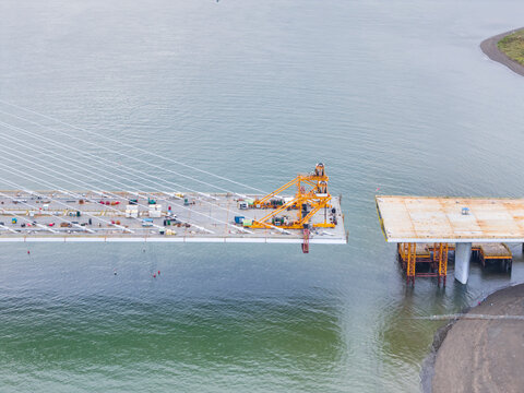 Cable Stayed Bridge Construction Site Over River Waterway
