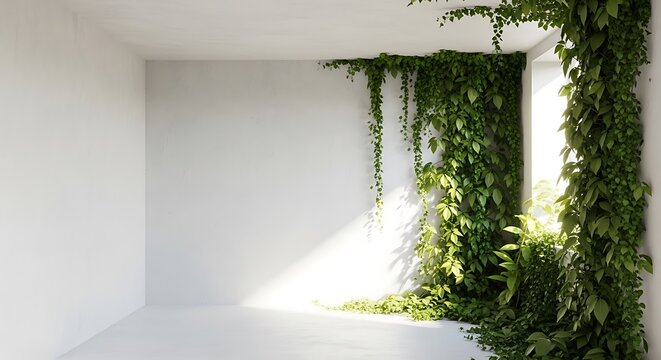 Empty square room with Plastered white walls, ivy and green leaves, sunlight - Powered by Adobe