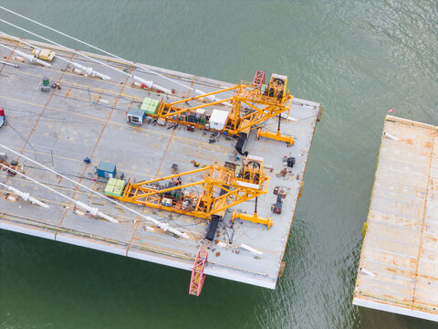 Cable Stayed Bridge River Construction Project Aerial View