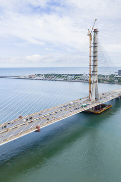 Cable Stayed Bridge Construction Central Tower River Scene