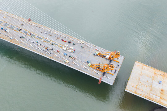 Cable Stayed Bridge River Construction Project Aerial View