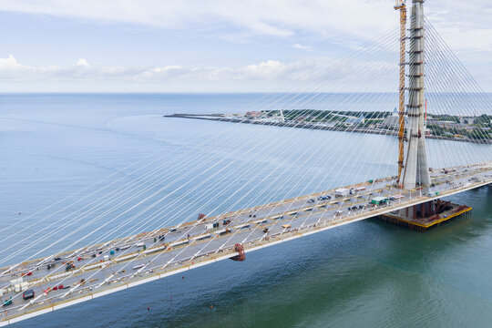 Cable Stayed Bridge Construction Central Tower River Scene
