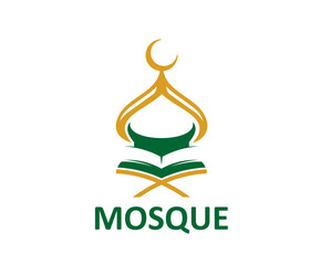Islamic muslim mosque abstract icon or label. Islam mosque library symbol, Arab religion school graphic vector icon. Islamic culture center sign or Muslim Quran emblem with crescent and holy book