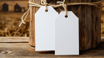 Rustic charm with blank tags tied to a wooden barrel. Perfect for farm-themed events or personalized gifts. Evokes a sense of simplicity and connection to nature.