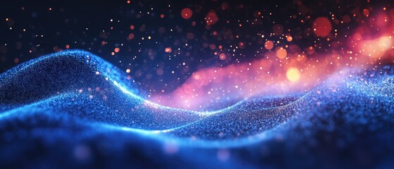 Glowing particle waves rise amidst bokeh lights