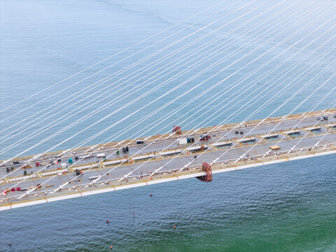 Cable Stayed Bridge Construction Above Large River Waterway