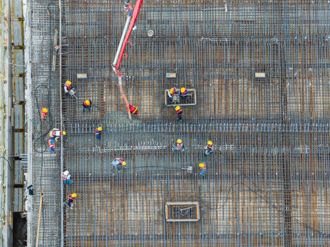 Aerial View of Concrete Pouring on Construction Site