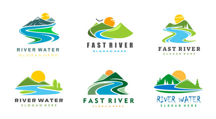 Naklejka premium Mountain river icons of vector valleys with green hills, water and sun nature landscape. Outdoor adventure and tourism isolated symbols set with mountain peaks valley, forest trees and flowing river