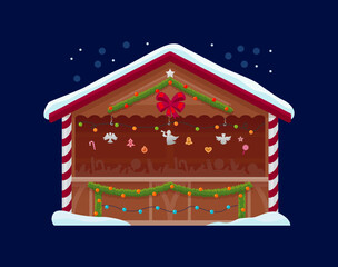Obraz premium Christmas winter wooden market stall with holiday garlands and festive hanging decor. Cozy winter booth shop with candy cane columns and lights. Cartoon European fair stand for seasonal celebration