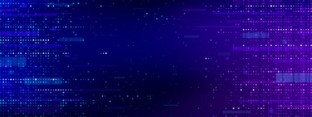 Game glitch background. Cyber bg with glitch distortion and pixel noise, plus signs and moving stripes. Dynamic futuristic glitch backdrop. Cyberpunk bg with binary code and screen damage textures