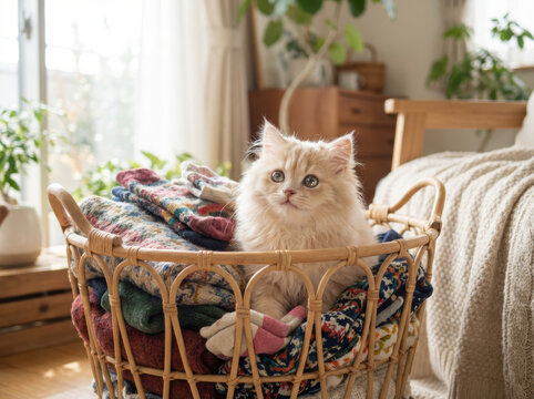 Chat persan fluffy au regard curieux dans un panier d'osier rempli de linge color&eacute;, int&eacute;rieur cosy avec plantes.
