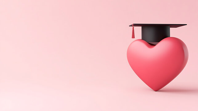 Heartfelt Graduation: A red heart dons a graduation cap against a soft pink backdrop. Symbolizing love for education and academic success. A minimalist, charming design. - Powered by Adobe