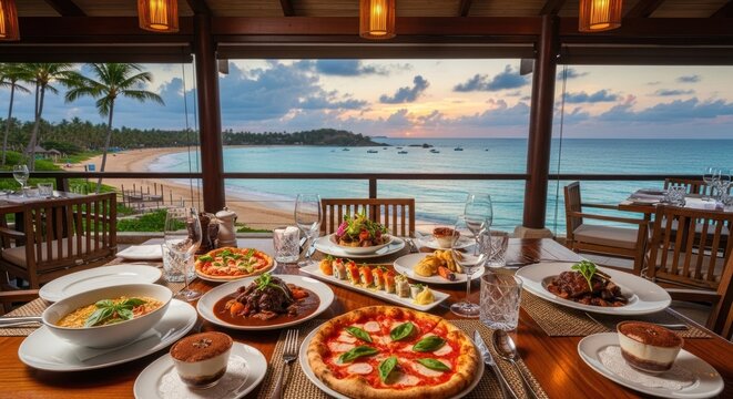Lavish Beachfront Dinner at a Tropical Resort Restaurant, featuring a Gourmet Spread of Wood-fired Pizzas, Braised Meats, Sushi, and Desserts with a Scenic Ocean Sunset View.