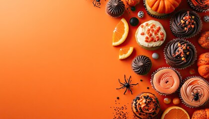 Spooky sweets treats scattered on vibrant orange background
