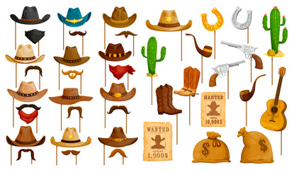 Wild West cowboy photo booth masks and props, vector Western party. Cartoon Wild West cowboy and sheriff hats, cactus, guitar and gun, horseshoe, mustache and Western wanted poster photo booth props