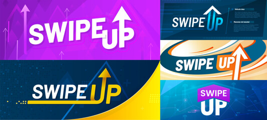 Swipe up banners with vector arrow symbols. Swipe, scroll or drag up call to action social media post templates with modern arrow shapes, abstract graphs, halftone and pixel pattern background