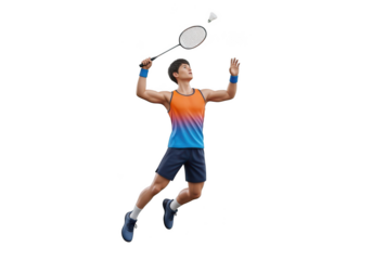 Young man playing badminton, jumping and hitting shuttlecock with racket, motion action isolated on transparent background