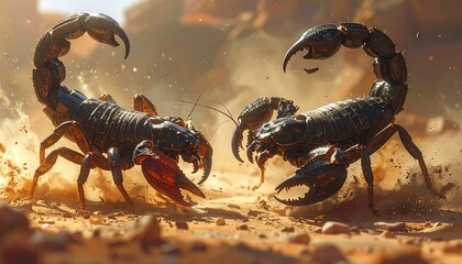Two menacing scorpions locked in a desert battle, claws raised