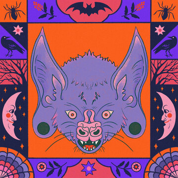 Halloween Bat Spooky October Autumn Vintage Moon Magical Witchy Spider