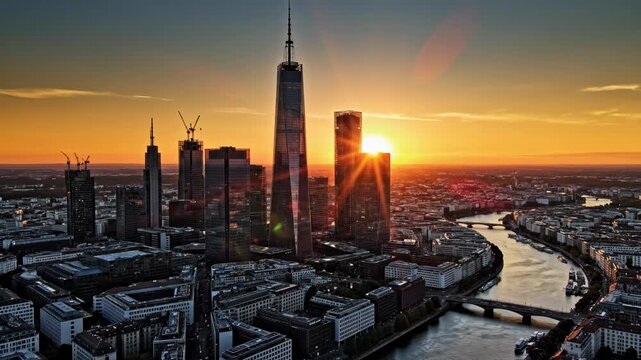 Aerial view of frankfurt skyline with modern skyscraper towers at sunset over the main river in germany vector illustration