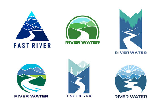 River road icons with vector water streams in mountain valley, sun and forest trees nature landscape. Winding river or creek between green hills, blue lake with ripples, ocean and sea waves symbols