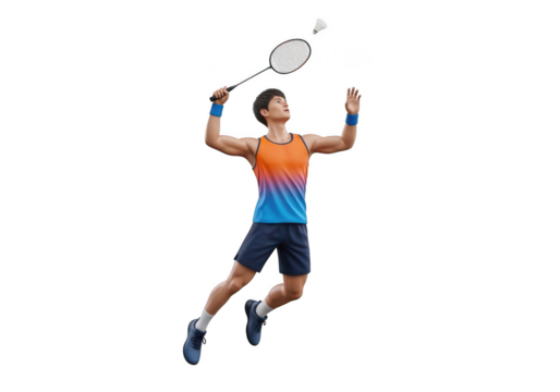 Young man playing badminton, jumping and hitting shuttlecock with racket, motion action isolated on transparent background