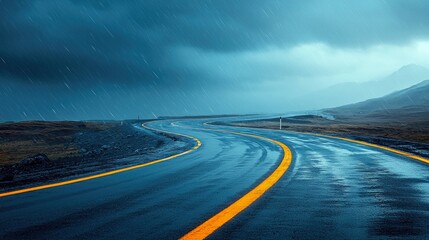 A wet, winding road with yellow lines under a stormy, rainy sky. The landscape features hills and mountains, creating a dramatic and moody atmosphere.