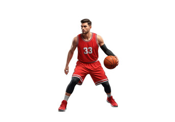 Naklejka premium Male basketball player in red uniform dribbling a ball, full body, isolated isolated on transparent background