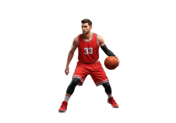 Male basketball player in red uniform dribbling a ball, full body, isolated isolated on transparent background