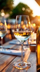 Obraz premium A close-up shot of a wine glass filled with white wine on a wooden table, with a blurred background of a sunset.