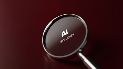 Magnifying glass over AI EXPLORER text on a dark red surface. The magnifying glass symbolizes investigation and discovery in the world of artificial intelligence.