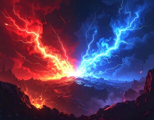 Epic illustration depicting red and blue lightning clashing over mountains