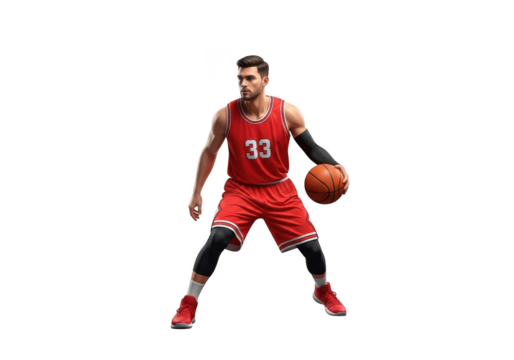 Male basketball player in red uniform dribbling a ball, full body, isolated isolated on transparent background