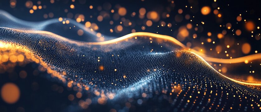 Abstract flowing digital landscape, gold & blue glow - Powered by Adobe