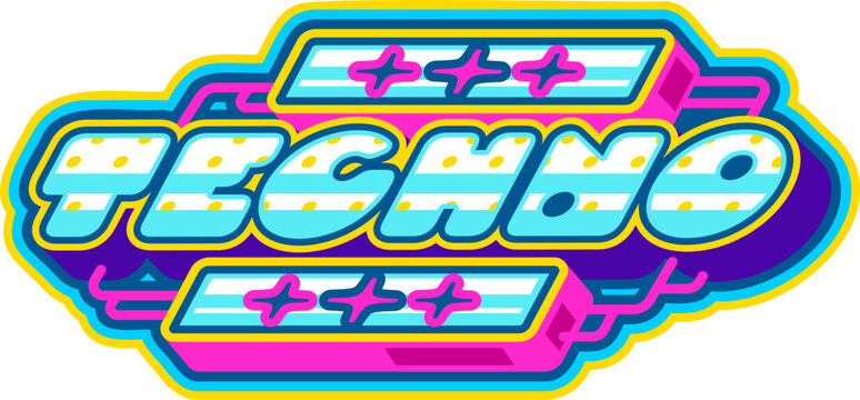 Naklejki Vibrant color vintage Y2K techno icon, label element. Cool Y2K patch, nostalgic retro vector label. Colorful vintage sticker or funky Y2K icon with blue and violet neon color typography