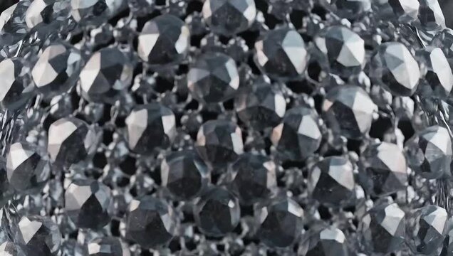 Dark faceted texture with metallic sheen. Close-up of sparkling geometric shapes creating an abstract, intricate background.