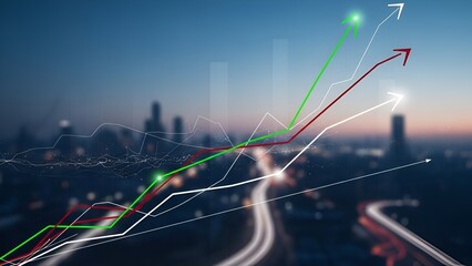 Financial Growth Concept with Upward Trending Graphs Over a Cityscape Backdrop