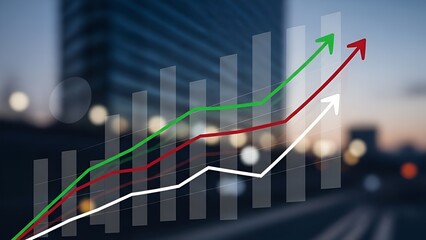 Financial growth illustration with rising arrows and bar chart overlaying urban scene