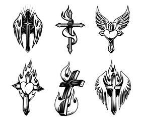 Obraz premium Christian cross tattoos with fire flames, wings and hearts, vector christianity religion. Catholic and orthodox holy sketch symbols of Jesus crosses, flames, angel wings and hearts, hand drawn tattoos