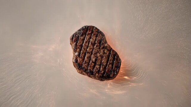 A sizzling, grilled steak hovers in an atmospheric, hazy, warm environment