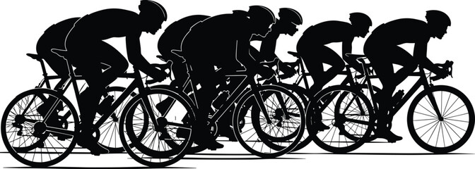 Dynamic silhouette illustration of a professional cycling peloton racing at high speed, representing teamwork, competition, endurance, and sporting triumph