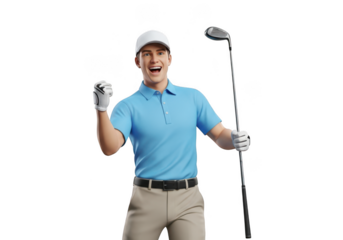 Joyful male golfer celebrating a victory with a club, isolated on white isolated on transparent background