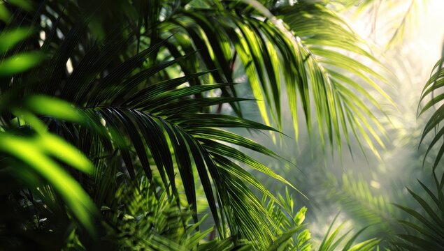 Vibrant tropical palm leaves bathed in sunlight