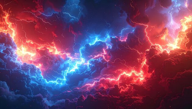 Dramatic abstract celestial scene with glowing red and blue lightning